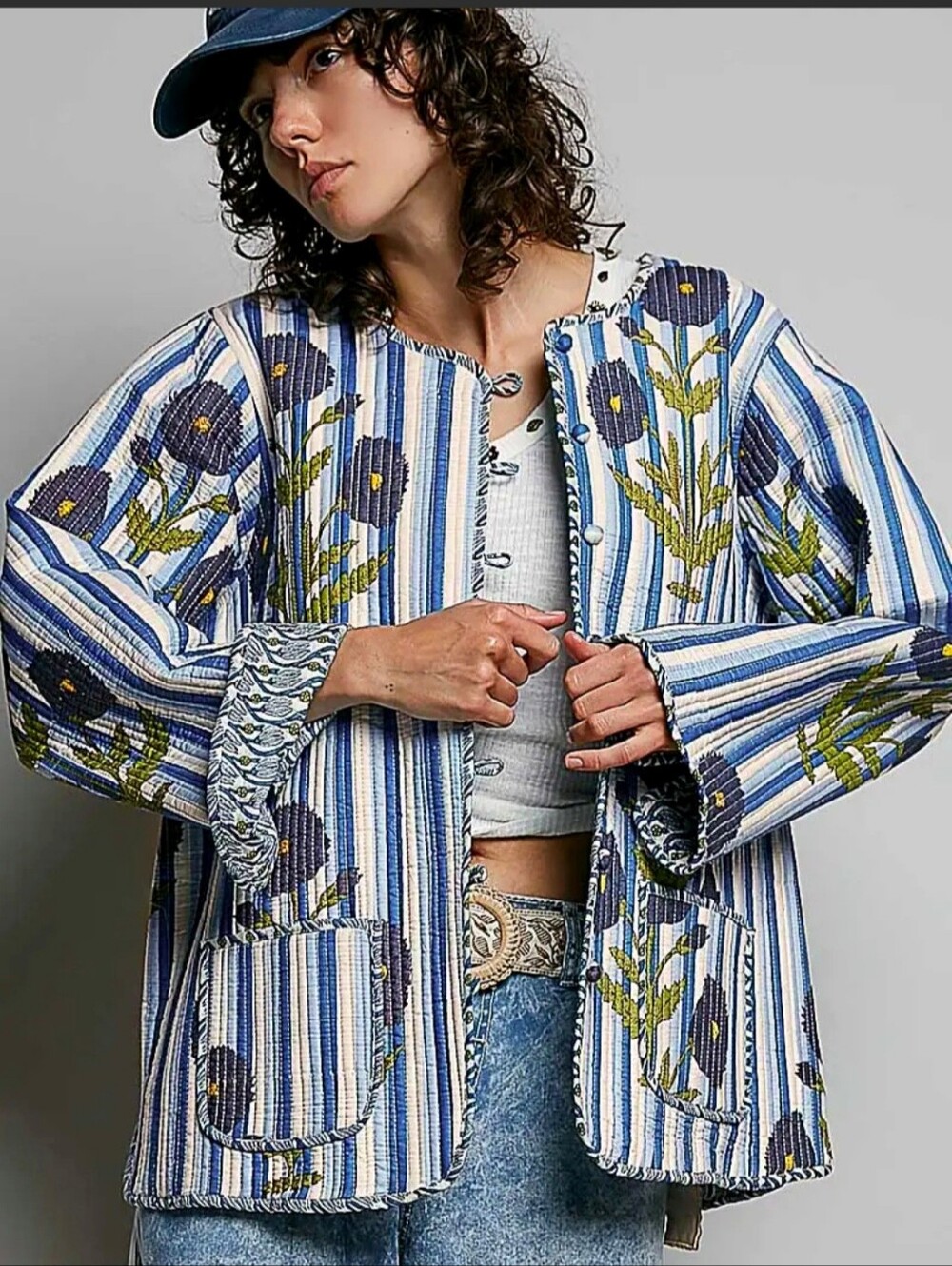 POL Striped Floral Quilted Jacket in Blue